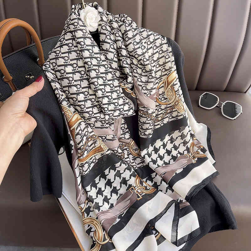 VJHL New net red d letter Satin Silk Scarf women's spring and autumn thin Shawl dual-purpose sunscreen beach shawl versatile