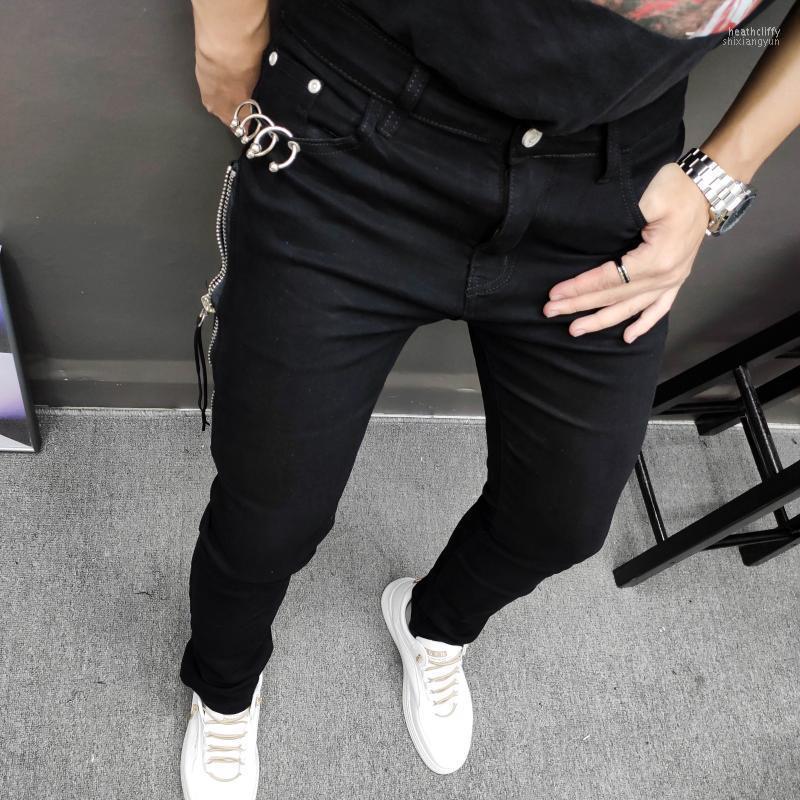 

Men's Jeans Men Slim Jean Japanese Korean Style Fall Fashionable Brand Casual Black Zipper Stitching Metal Ring Motorcycle Pant Stacked Heat