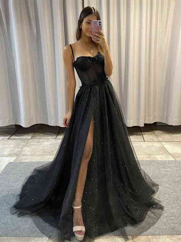 

BridalAffair Black Glitter A Line Tulle Prom Dresses Spaghetti Straps Sweetheart Bones Side Slit 3D Flowers Long Evening Gowns 220609, Pink