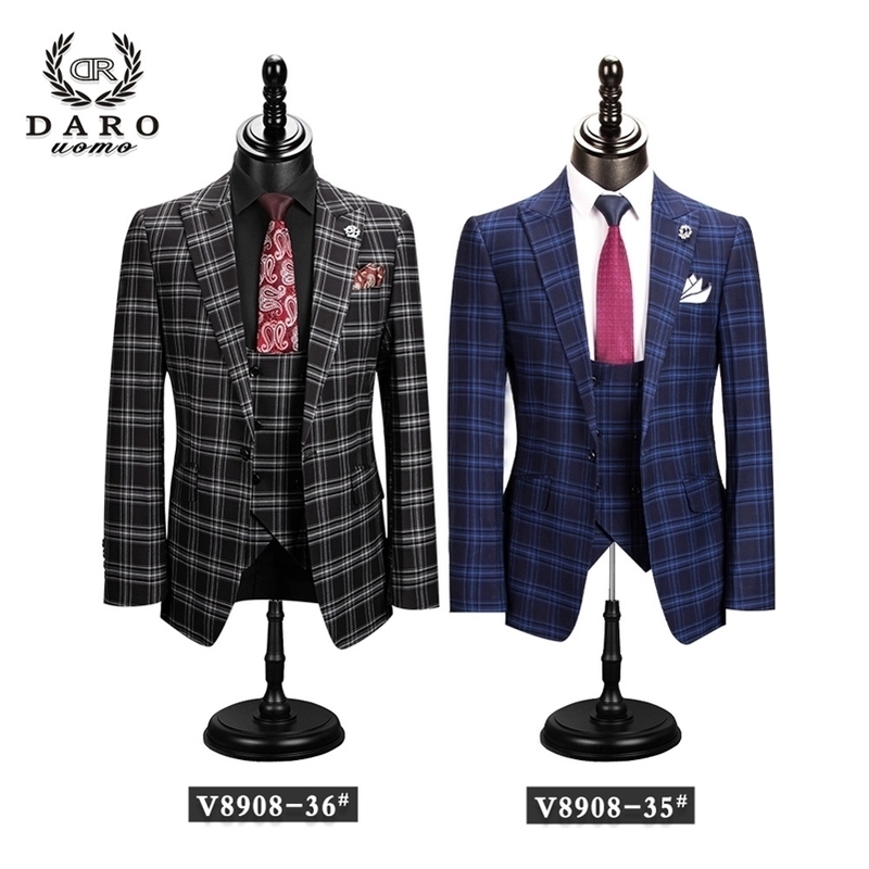 

Men Suit DARO Style Check Jacket vest pant 3 Piece Slim Fit Black Blue Business Plaid Blazer Casual TailorMade DRV8908 201106, Drv8908-36