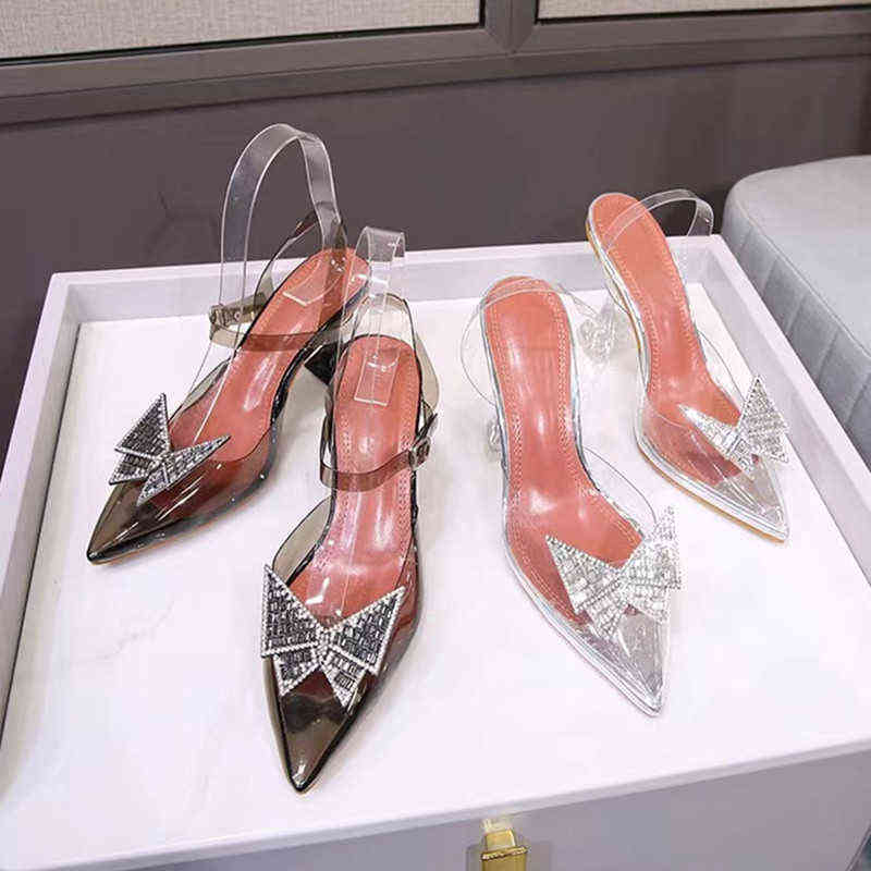 

Sandals Pumps 2022 New Spring And Summer Pointed High Heels Transparent Butterfly Rhinestone Thin Heeled Sandals Women Shoes 220412, Black 9cm