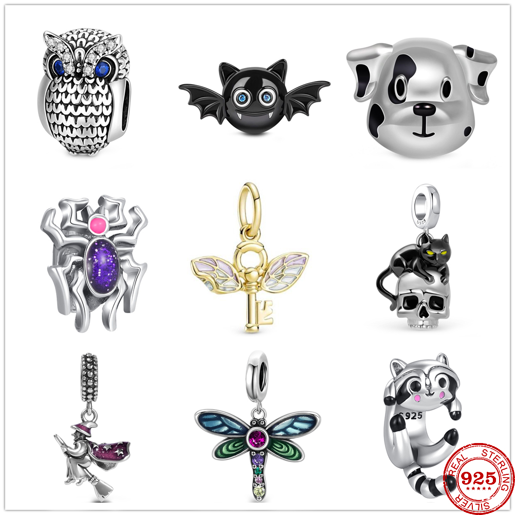 925 Sterling Silver Dangle Charm New Dragonfly Demon Owl Spider Skull Beads Bead Fit Pandora Charms Bracelet DIY Jewelry Accessories