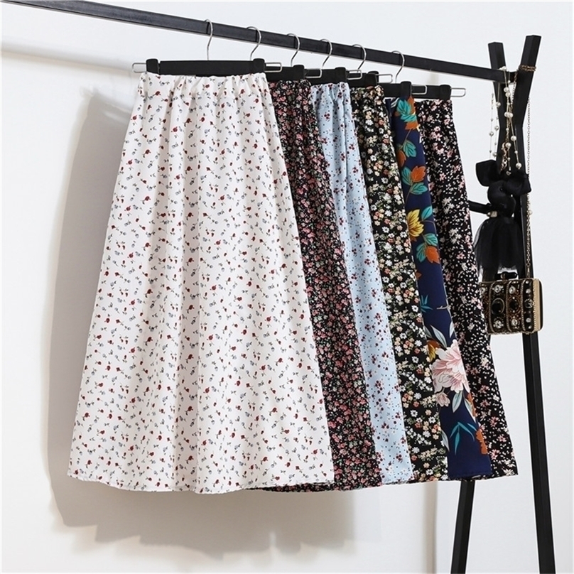 

Summer Skirts 2021 Vintage Floral Print Chiffon A-Link Elastic High Waist Casual Midi Clothes Jupe Size 220418, 609-1