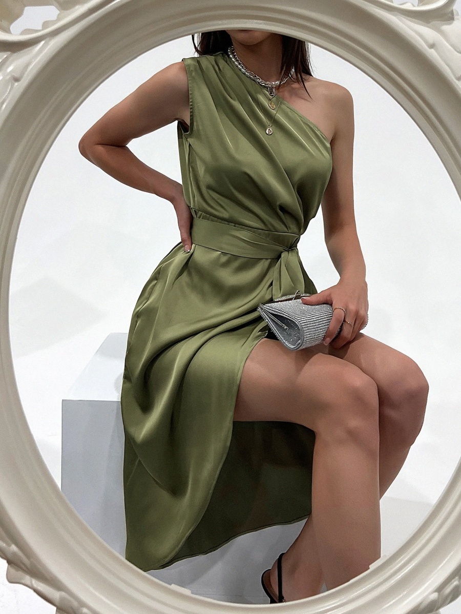

one Shoulder Wrap Hem Belted Satin Dress p1Om#, Army green