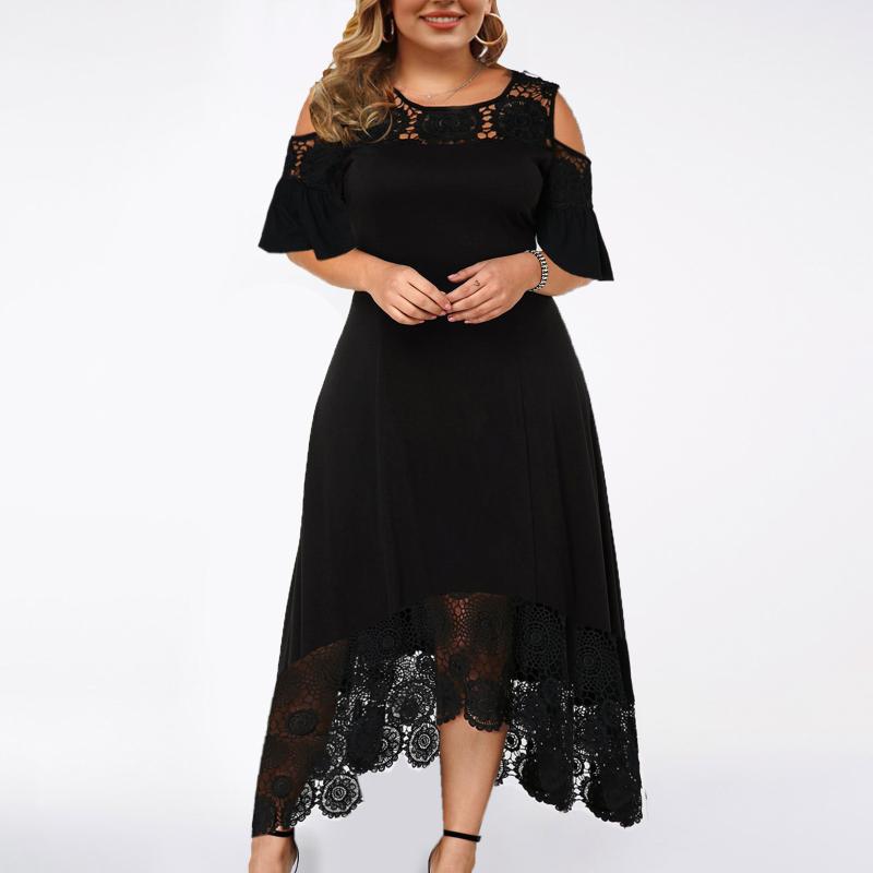 

Plus Size Dresses Women Sexy Ruffle Strapless Splicing Lace Short Sleeve Dress Black Elegant Loose -5xl Robes