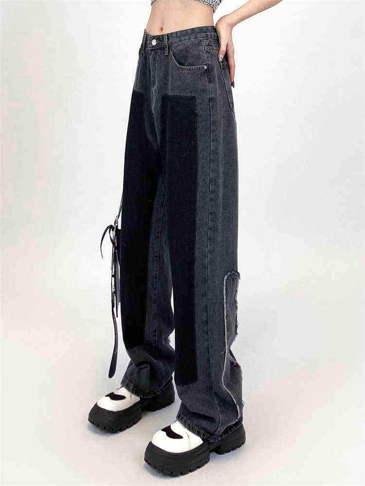 

Wide Leg High Waist Black Splicing Jeans Women's Spring New Design Simple Straight High Street Neutral Denim Trousers Female T220728