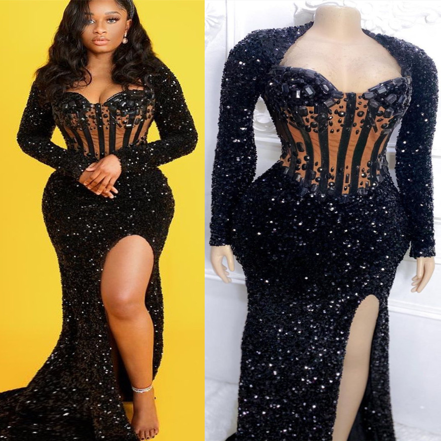 Plus Size Arabic Aso Ebi Black Mermaid Sparkly Prom Dresses Beaded Crystals Evening Formal Party Second Reception Birthday Engagement Gowns Dress