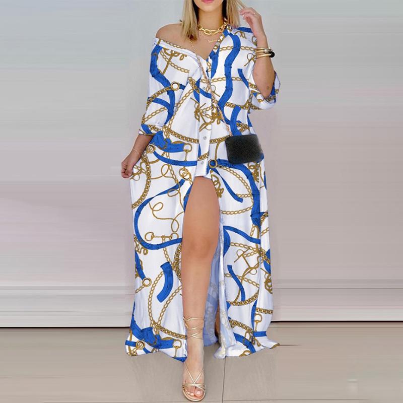 

Casual Dresses Autumn Women Elegant Print V Neck Button Shirt Long Dress Lady Stripe Loose Sleeve Sexy High Slit Party Maxi DressesCasual, Blue chain