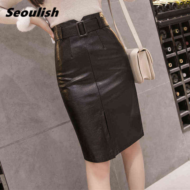 

Women' Skirt Seoulish 2022 Autumn Winter Black Pu Leather Pencil Midi Skirts High Waist Split Ol Elegant Sheath Wrap with Belt Female 220322