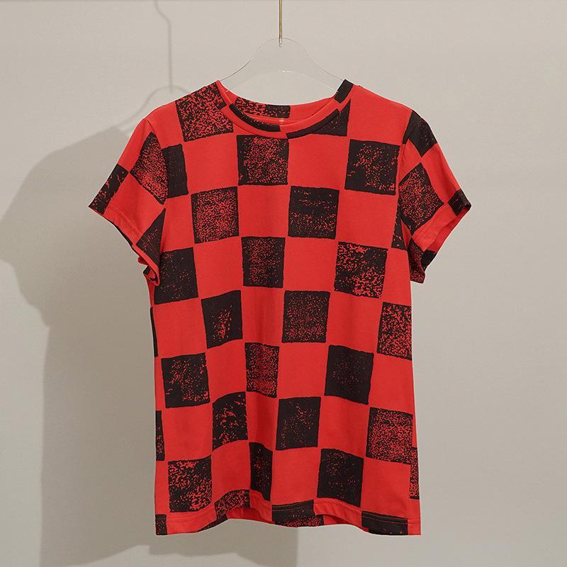 

Women' T-Shirt Fashion Red Checkerboard Half-Sleeved Commuter Top Casual Sweet And Fresh Age-Reducing Women Tops 2022 Summer