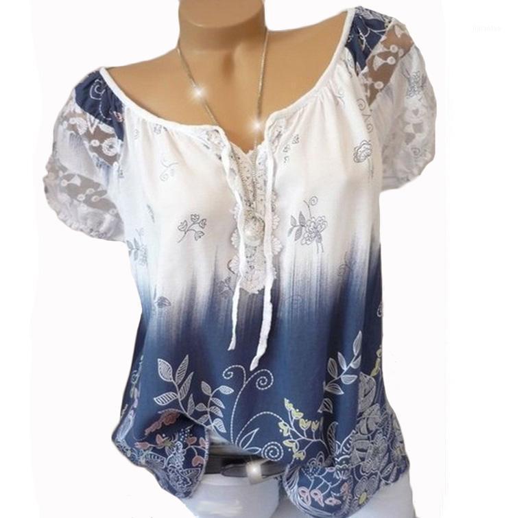 

Summer Women's Boho Print Shirt Casual Short Sleeve Loose V-Neck Puff Shirts Blouses &, Army green