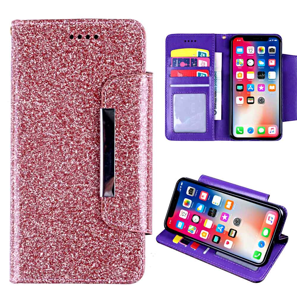 

AFor UMIDIGI F1 Wallet Case Glitter Shining Diamond Glossy Phone Cover with Card Pocket Kickstand Rhinestone Case with Lanyard, Rose gold