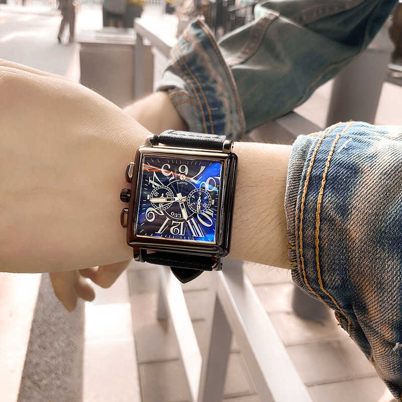 

mens watches Square Large Dial Leather Quartz watch men's personality creative watch calendar, Black belt;black shell;black surface