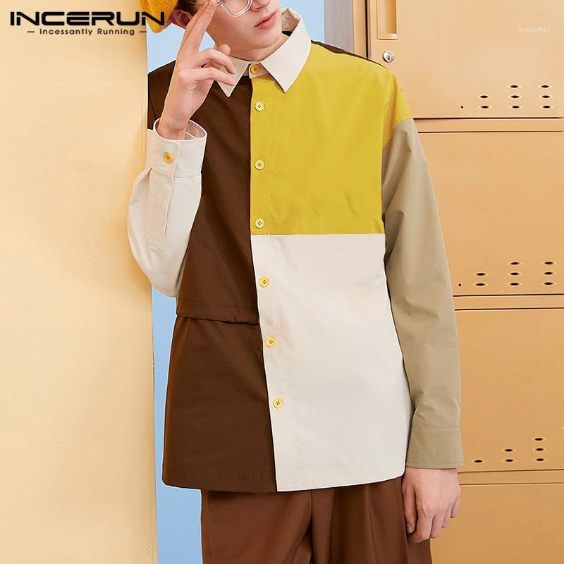 

Casual Stitching Color Blusas Streetwear Men Patchwork Long Sleeve Shirt Spring Male Lapel Neck Button Blouse Plus Size Men' Shirts, Coffee
