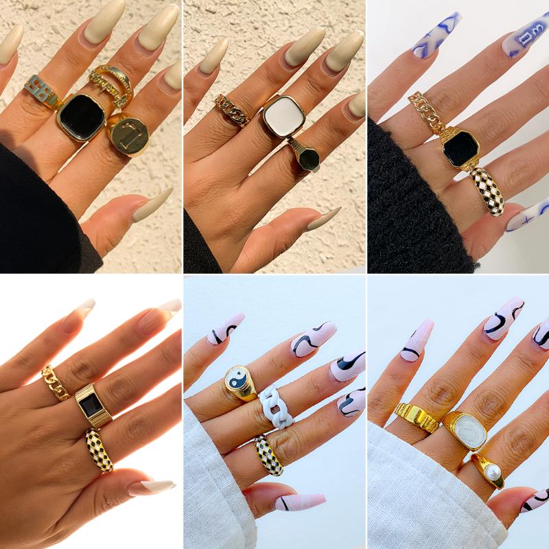 

Cluster Rings IngeSight.Z Vintage Geometric Square Star Letter Finger For Women Black White Checkered Grid Plaid Open Set JewelryCluster