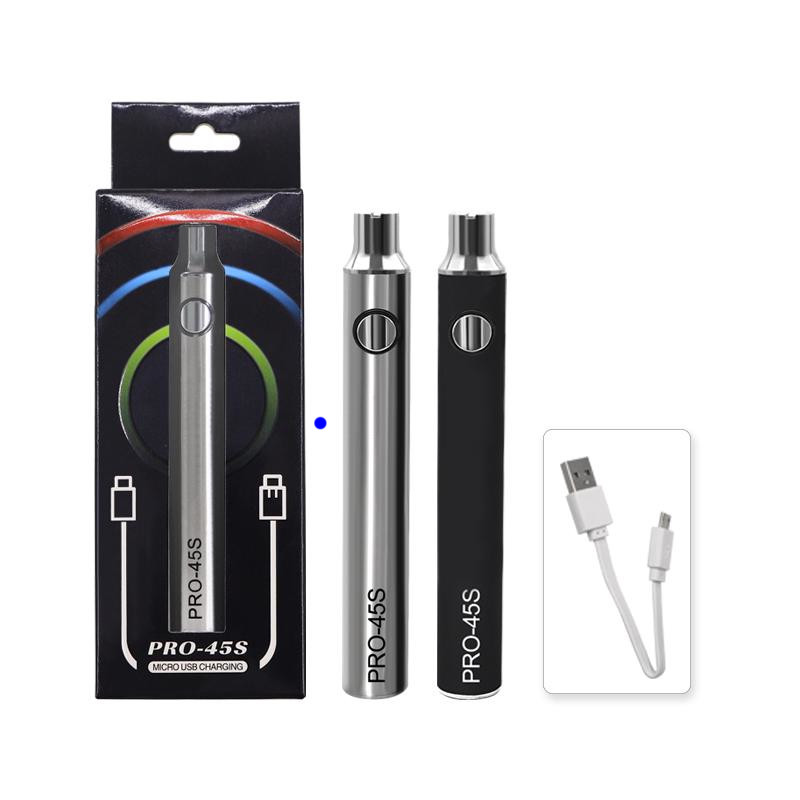 

Moq.1set Pro-45s 510 Thread Vape Pen 45s Long Time Preheat Battery Variable Voltage Vaporizer With USB Cable Charger Fit Thick Oil Vape Cartridges D8