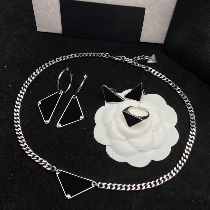 

Stylish Metal Chain Necklace Letter Triangle Earrings Women Personality Ring Valentine Day Studs Ladies Jewelry Sets, As pic