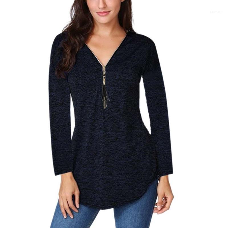 

Women V Neck Blouse Zipper Tassel Autumn Spring Top T-shirt Long Sleeve, No.1