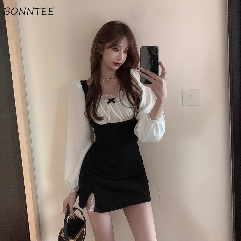 Dress Women Spring Sexy Puff Sleeve Slim Mini Fashion Korean Style Square Collar Mature Feminine Leisure Sweet Street Cool 220521