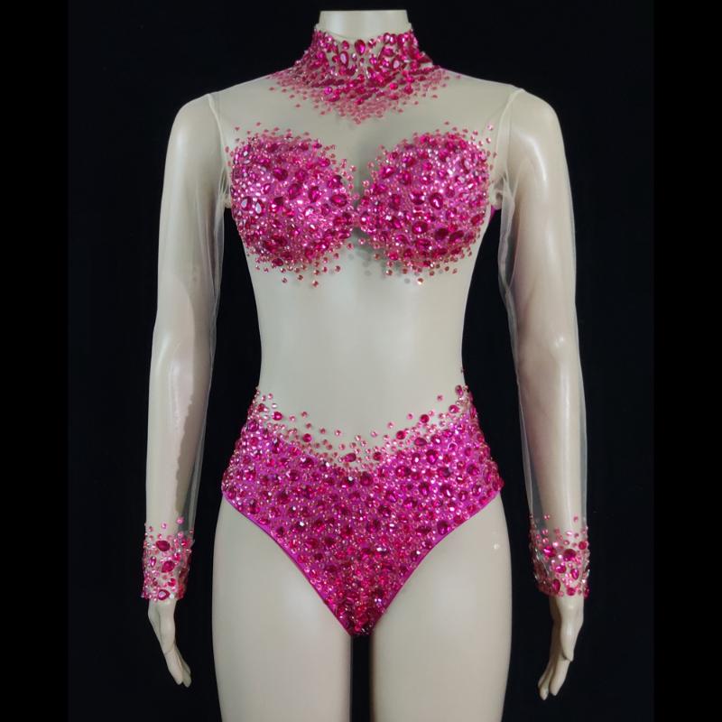 

Stage Wear Sparkly Crystals See Through Leotard Sexy Crystal Bodysuit Dance Costume Women Nightclub Party Birthday Outfit Show WearStage, Pink leotard