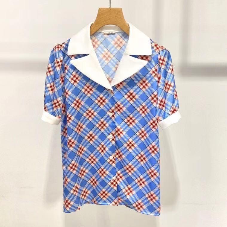 

Women' Blouses & Shirts High Quality Shirt Plaid Print V-Neck Short Sleeves Single Breasted Vacation Leisure Top Runway, As photo