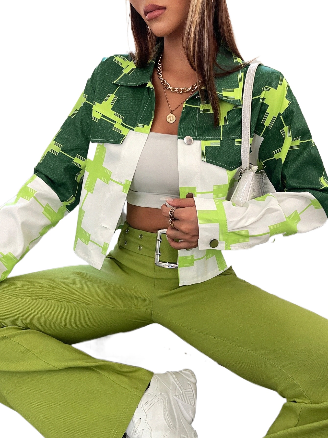 

geo Print Colorblock Drop Shoulder Jacket 83Jw#, Multicolor