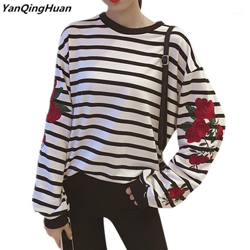 

Autumn Harajuku Hoodies Roses Embroidery Lantern Sleeve Loose Striped Women Sweatshirt Girl Vintage Elegant Casual Tops Women's &, White hoodies