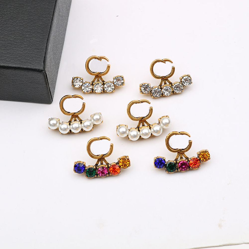 

Gold Plated Copper Alloy Letters Long Stud Earrings Korean Retro Women Luxury Brand Designer Crystal Pearl Earring Metal Jewelry Accessories