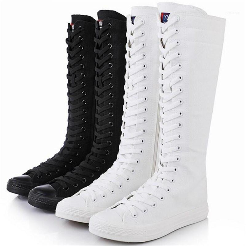 

Boots Women Zipper Lace Up Casual Canvas Shoes Comfort Flat Long Spring Autumn Fashion 2022, Black