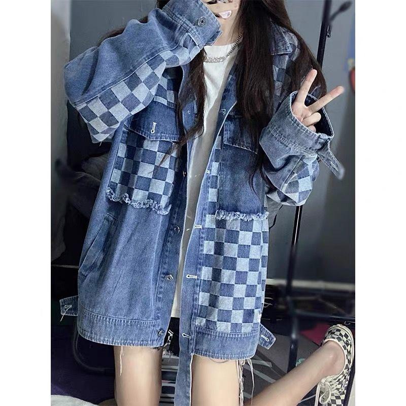 

Women' Jackets For Women Cool Salt Wear With Checkerboard Stitching Cardigan Washed Denim Jacket Retro Trend Loose, Blue