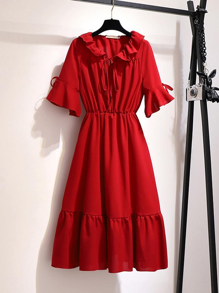 

Plus Size Dresses Women Elegant Dress Summer Sundress Casual Short Sleeve Ruffled Loose Party Bow Solid Oversized Vestidos Jasp22, A0846-red