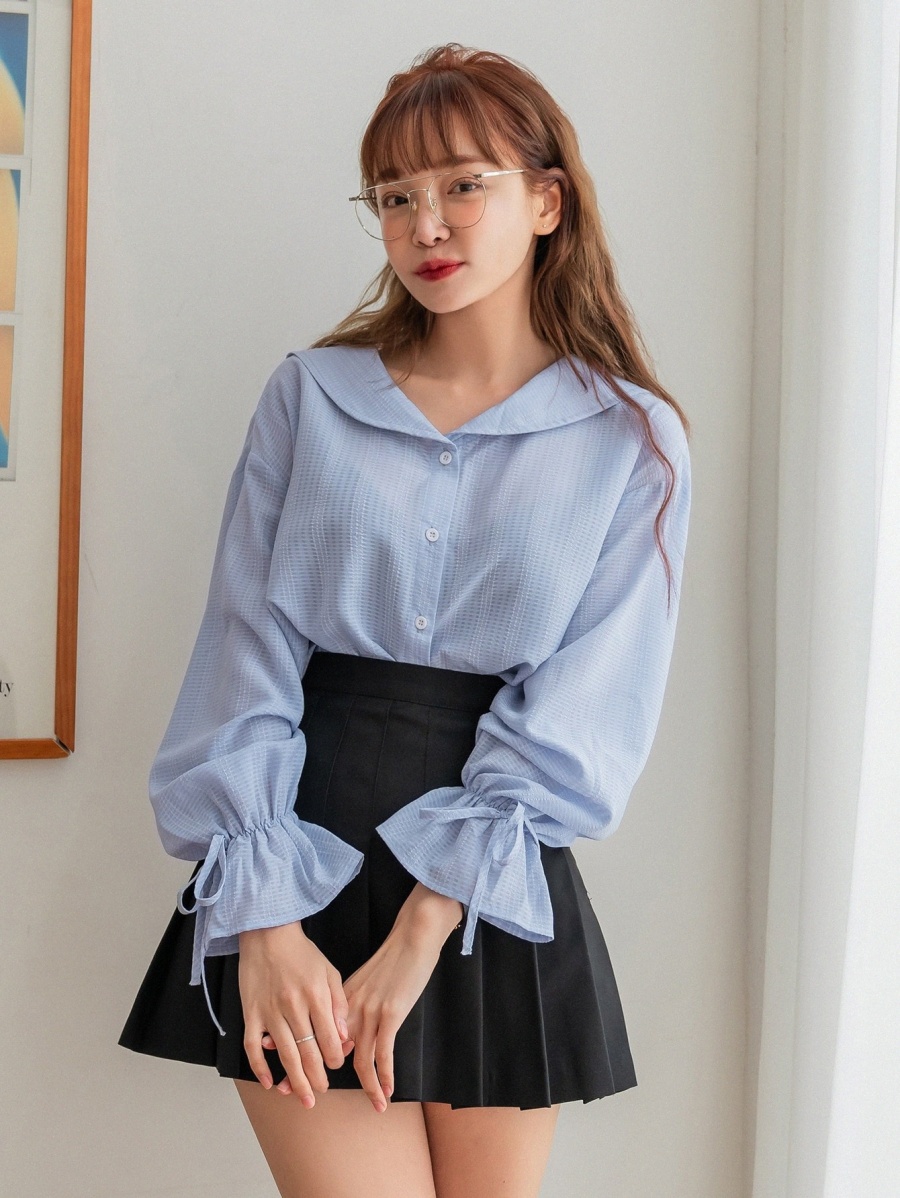 

dazy Flounce Sleeve Drawstring Detail Blouse 339b#, Baby blue