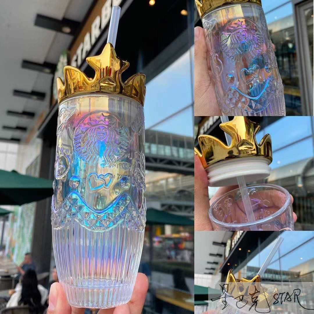 Starbucks cup Valentine's day 430ml magic crown glass straw cup high capacity coffee cup-image-761022259