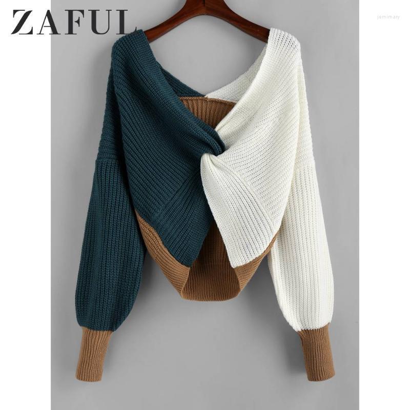 

Women's Sweaters ZAFUL Autumn Women Colorblock Plunging Neck Twist Sweater Long Sleeve Elastic Pullovers Ladies Tops Casual 2022 Jemi22, Multi 6