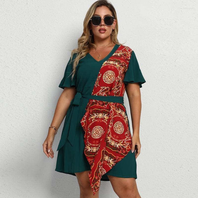 

Plus Size Dresses Women Dress Elegant Indie Folk Short Sleeve Casual 2022 Summer V Neck Women's Clothing 3xl 4xl Echm22, Green