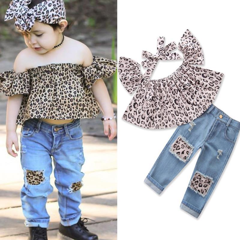 

Clothing Sets Baby Girls Clothes Summer Tracksuit For Kids Leopard Coat Broken Hole Jeans Children 2-6YClothing, Multi