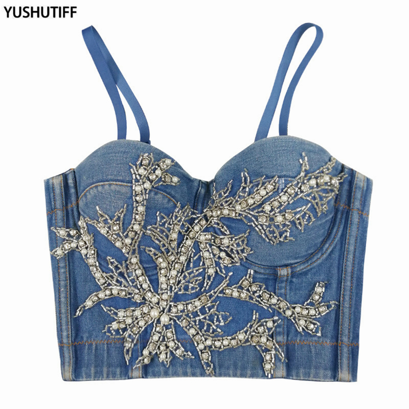 

Winter Sexy Show Beads Denim Crop Top Women Harajuku Female Camis Tops with Built in Bra Push Up Bralette Clothing 220328, Blue