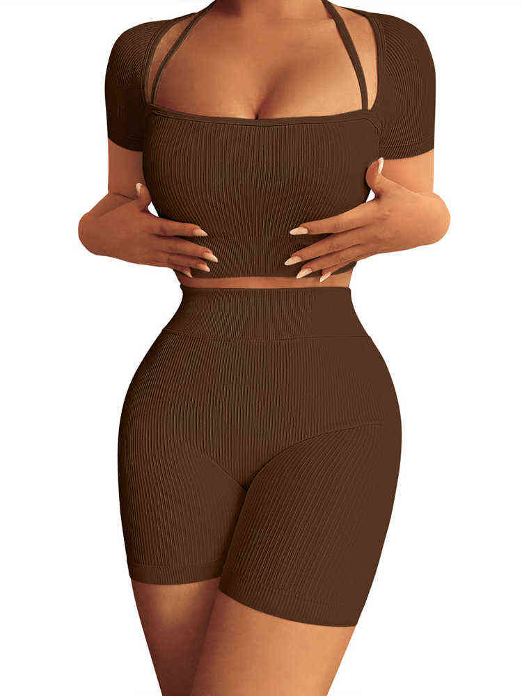 

NORMOV Ribbed Sports Suits Sexy Yoga Set Summer Shoulder Strap Gym Sets 2022 Short Sleeve Tops High Waist Shorts T220725, Beige