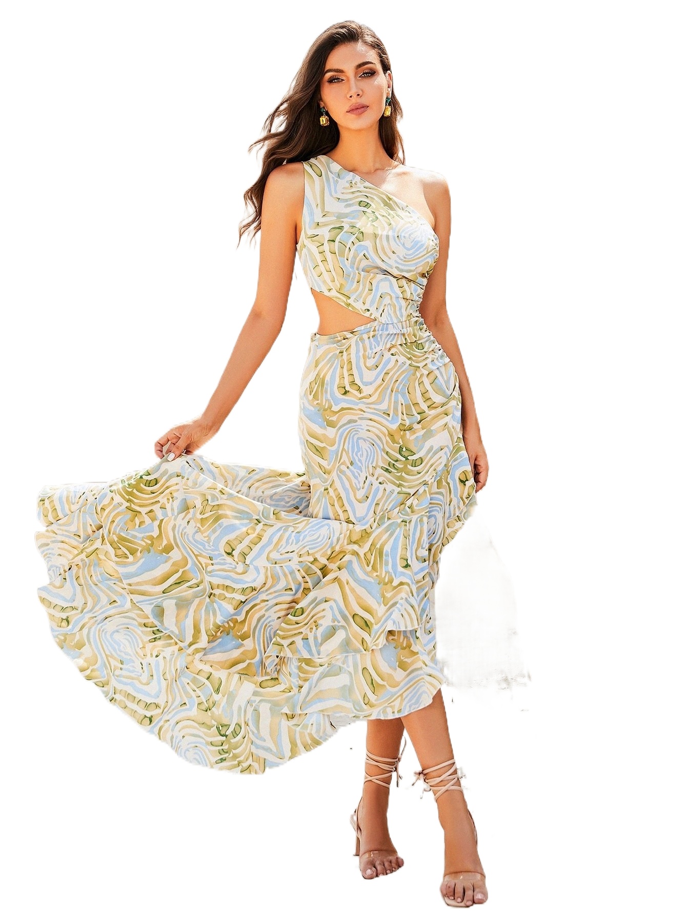 

love&lemonade One Shoulder Cutout Waist Asymmetrical Ruffle Hem Dress D5ox#, Multicolor