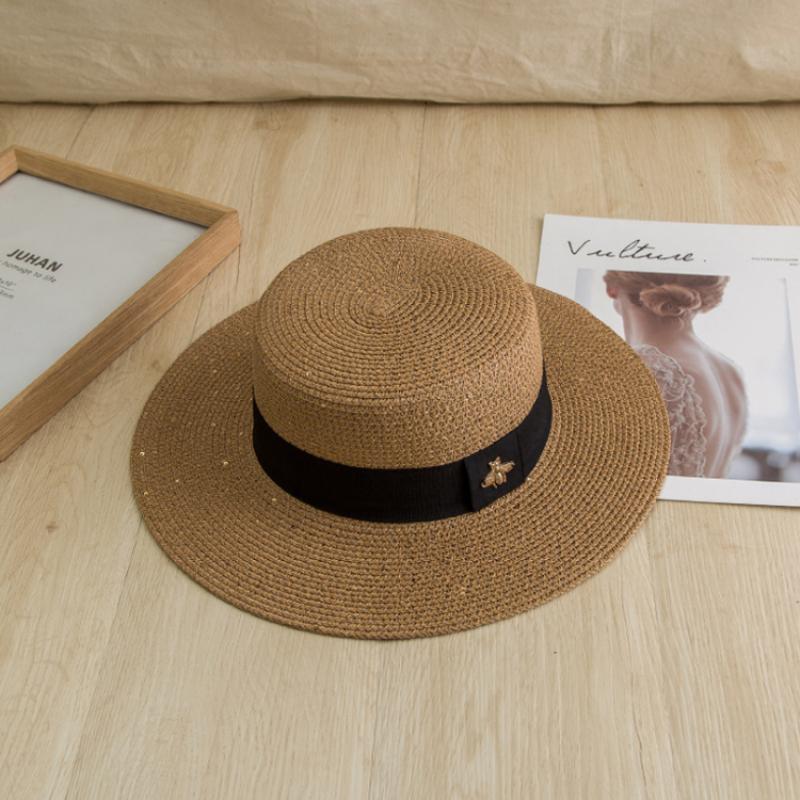 

Wide Brim Hats Straw Hat Ladies Bee Bow Summer Outing Sunscreen Sunshade European And American Retro Leisure All-match Top, Beige