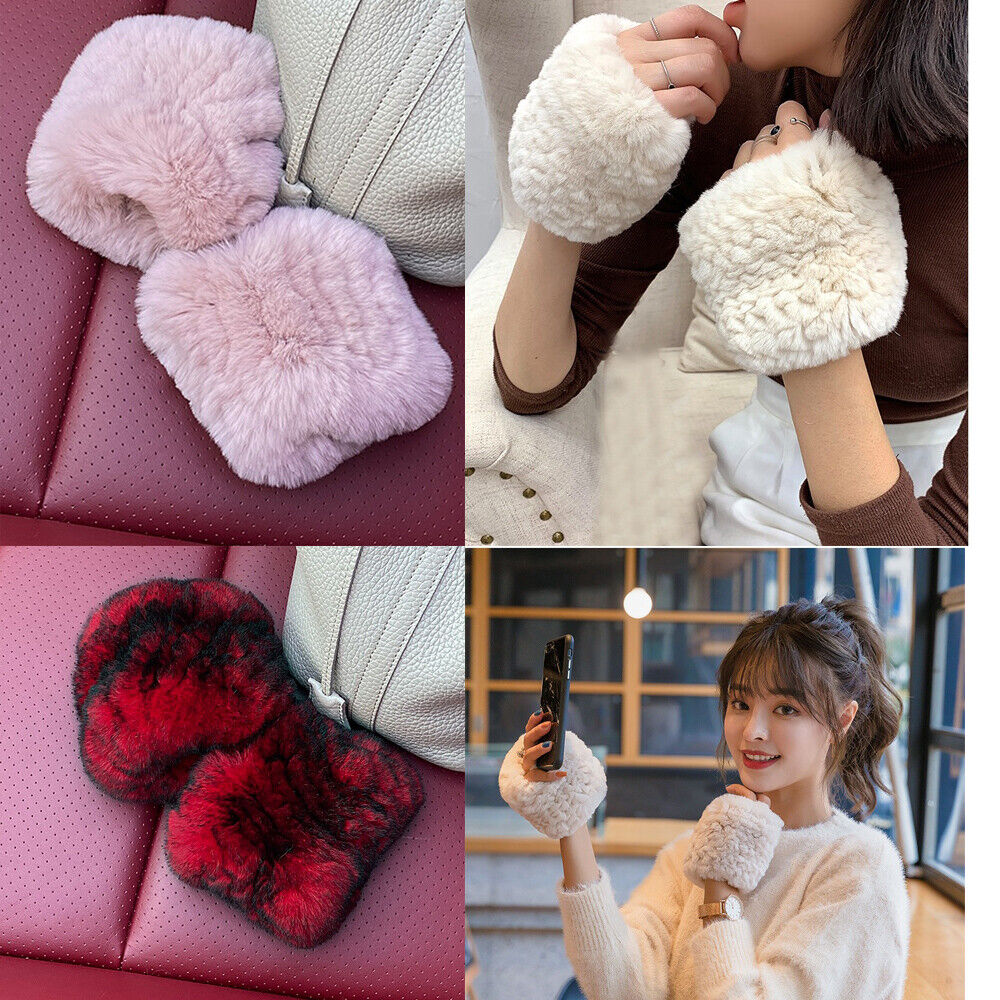 

Women Real Rex Rabbit Fur Gloves Mitten Winter Warm Double Side High Elastic