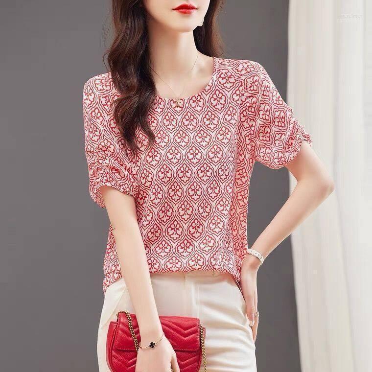 

Women' Blouses & Shirts Women Clothes Summer Short Sleeve Blouse Printed Causal Loose Round Neck Shirt Korean Chiffon Ladies TopWomen' Ver, Photo color