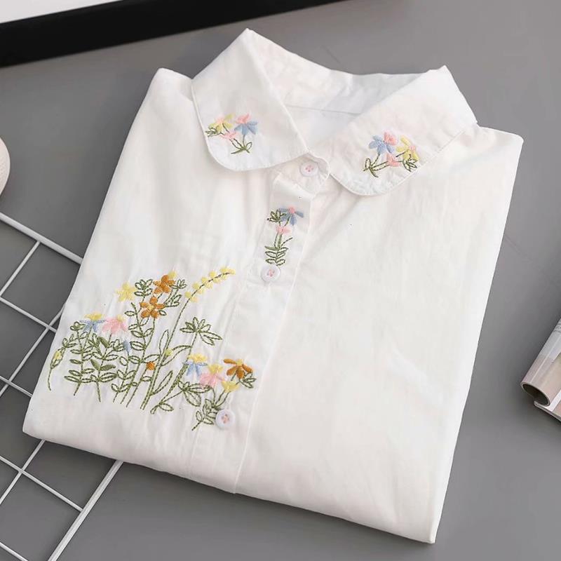 

Spring Autumn Japanese Flower Embroidery Shirt Women Casual Sweet Loose Cotton Long Sleeve White Female Blouses Tops U213