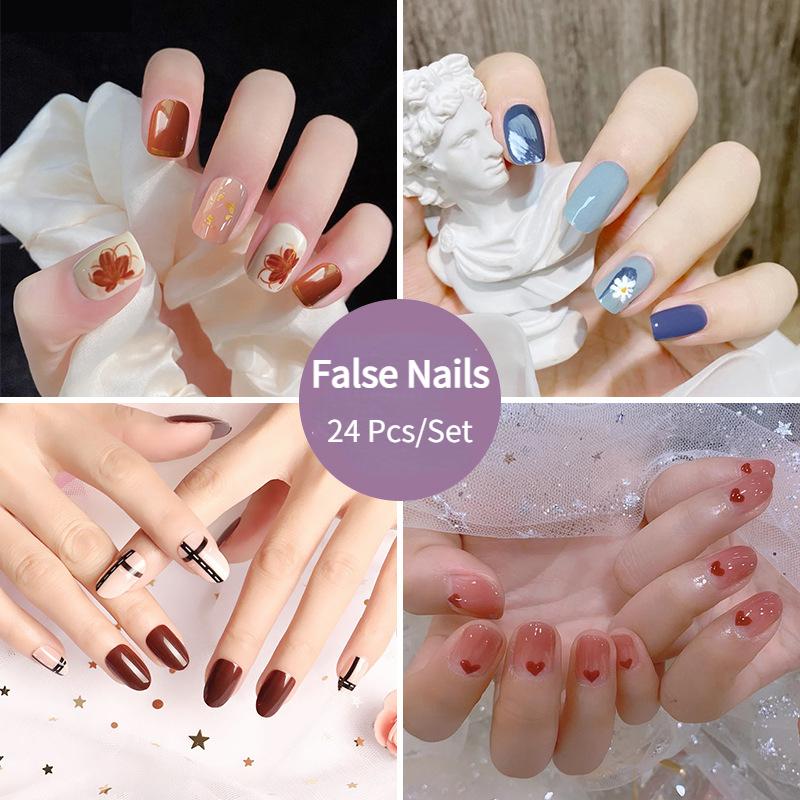 

False Nails 24PcsSet Printed Nail Art Patches Ultra-thin Removable Fake Press On Supplies For Professionals Faux Ongles FinishedFalse, Jp982-y10-with glue