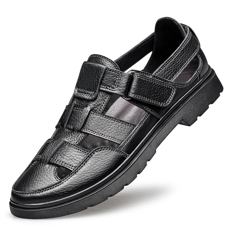 

Sandals High Quality Men Fashion Summer Breathable Black Genuine Leather Shoes Cover Toe Hollow Out Sandalen Beach Sandalias Man