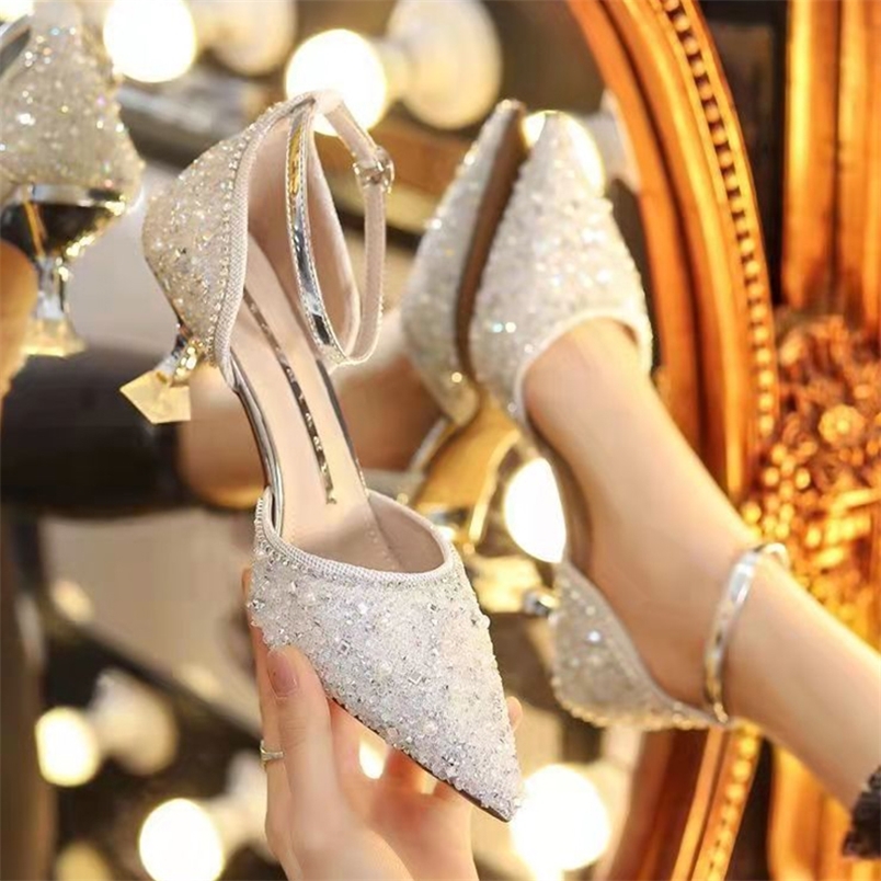 

Rimocy Bling Shiny Women Pumps Ankle Strap Crystal High Heels Shoes Woman Pointed Toe Thin Heel Wedding Party 220614, Gold