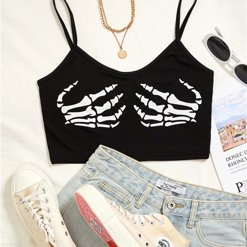 Black Goth Skeleton Print Spaghetti Strap Crop Top Women Y2K Clothes Summer Harajuku Sexy Vneck Skinny Tank Top Emo Tee Shirt 220607
