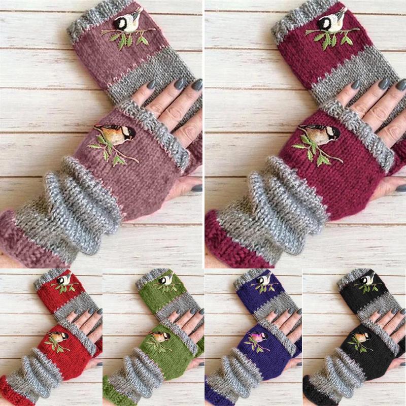 

Five Fingers Gloves Fashion Men Women Knitted Fingerless Winter Embroidered Soft Warm Wool Arm Flexible Hand Wrist Warmer