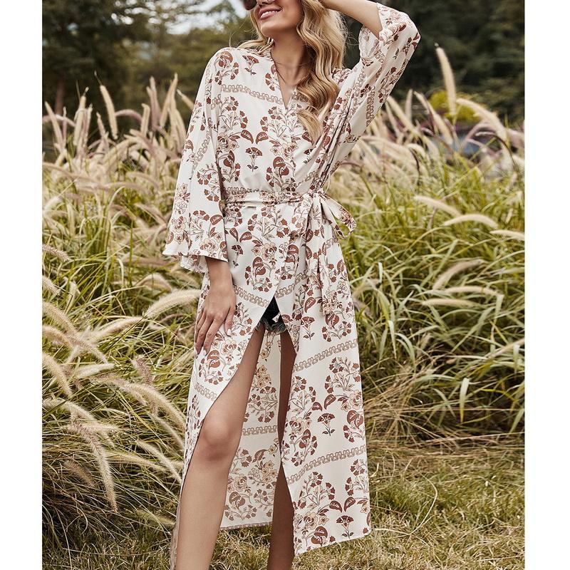 

Women's Swimwear Bohemian Floral Printed Shirt Kimono Summer Beach Cardigan Women Open Front Long Sleeve Casual Blouse Vintage Tops BlouseWo, Beige