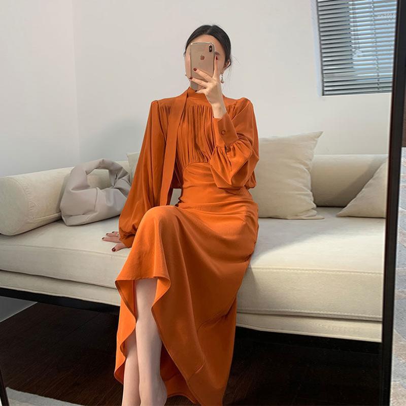 

Casual Dresses Autumn Women Vintage French Dress Female Fashion Long Sleeve Solid A-line Elegant Office Lady Basic Vestidos, Orange